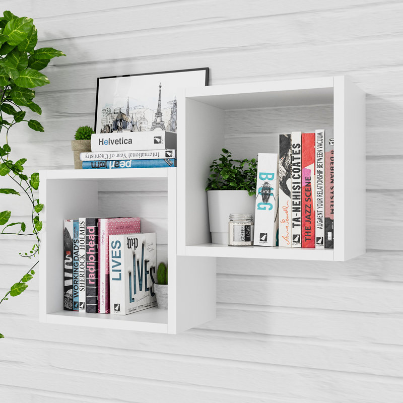  Ensemble de 2 tablettes murales cubiques flottantes pour la découverte de l'espace, blanches, Carré - P 7,9 po x l 12,6 po
