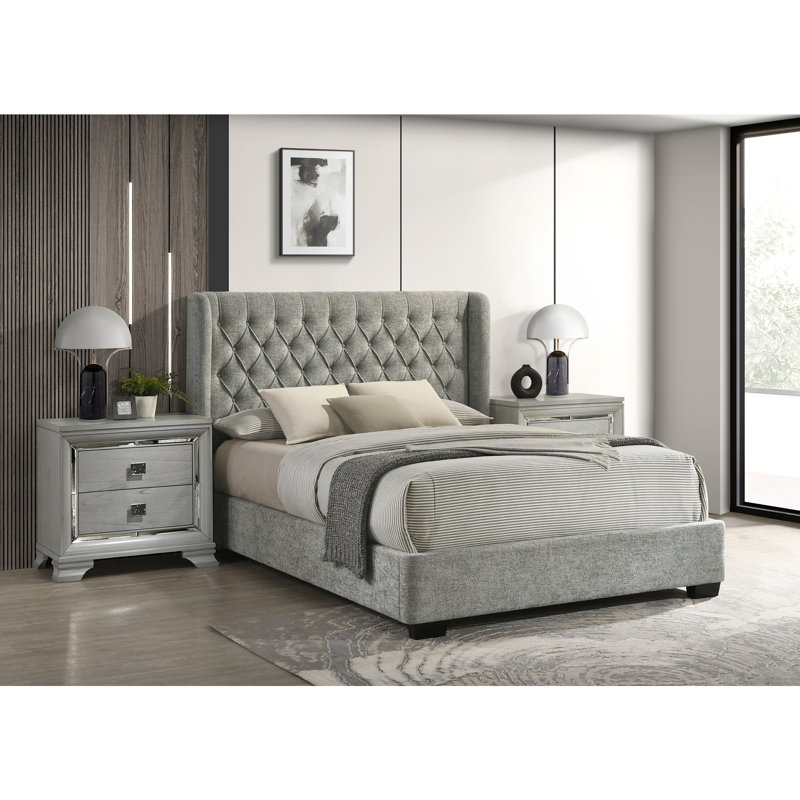 Lit tapissier contemporain, gris, Grand