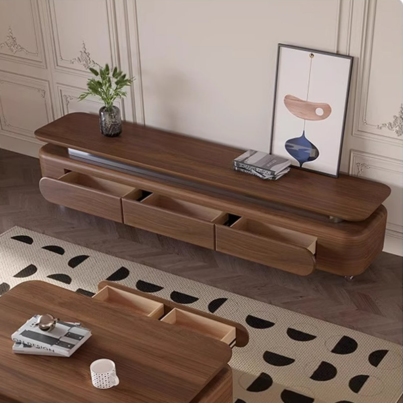 Meuble télé minimaliste en bois massif de couleur noyer, H 16,53 po x L 78,74 po x l 15,74 po