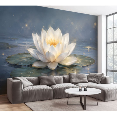 Wall Mural Peel and Stick Wallpaper Lotus Floral Zen Modern White Lotus Sparkles Soft Glow Reflections Self-Adhesive Removable Contact Paper Wall Decor for Living Room Bedroom 100"H x 144"W
