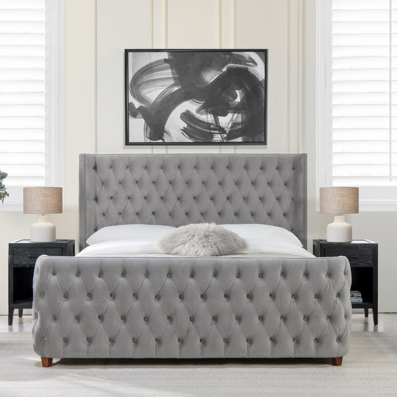 Currier Upholstered Wingback Bed, King, Opal Gray Velvet