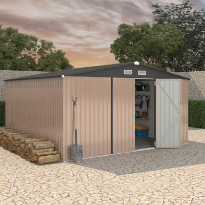 12x12 FT Heavy Duty Metal Outdoor Storage Shed – Lockable Door, Air Vent, Weatherproof Utility for Garden & Lawn (Dark Cover + Brown Board)