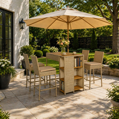 Ensemble de bar d'extérieur en osier 5 pièces avec table haute et chaises confortables pour profiter du patio