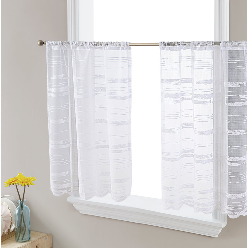 Striped Tailored Cafe Curtain, White, 30" W x 36" L
