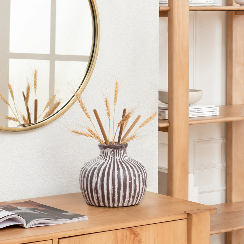 Handmade Rustic Terracotta Vase with Rounded Form & Ribbed Details, Dark Brown/White