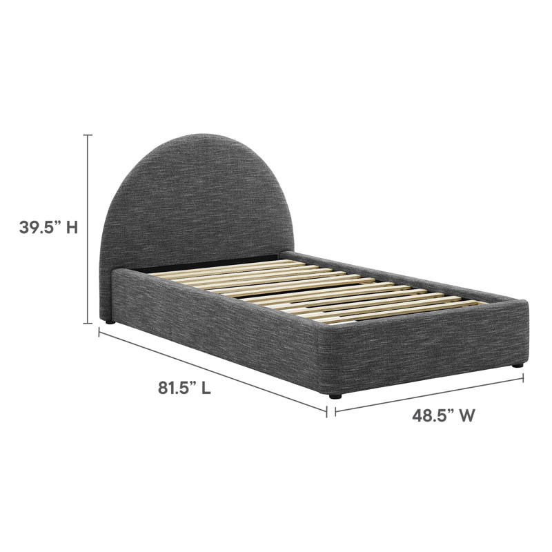 Heathered Slate Twin Upholstered Velvet Platform Bed with Arched Headboard