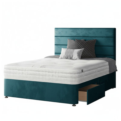 Kiara Stripped Floor Standing Headboard with Divan Base Plush Velvet and Metal Feet