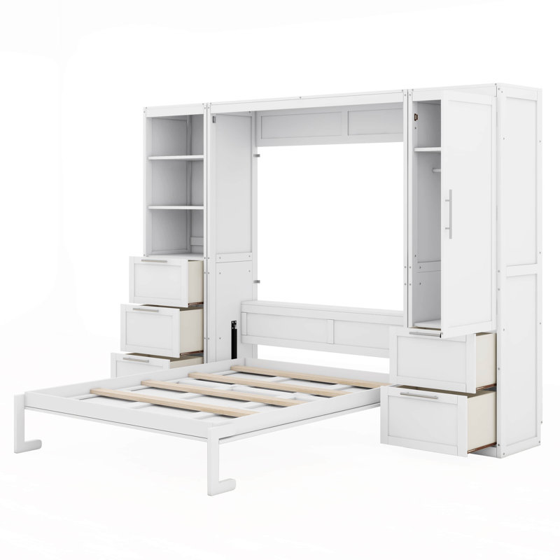Grand lit escamotable mural avec tablettes, Blanc