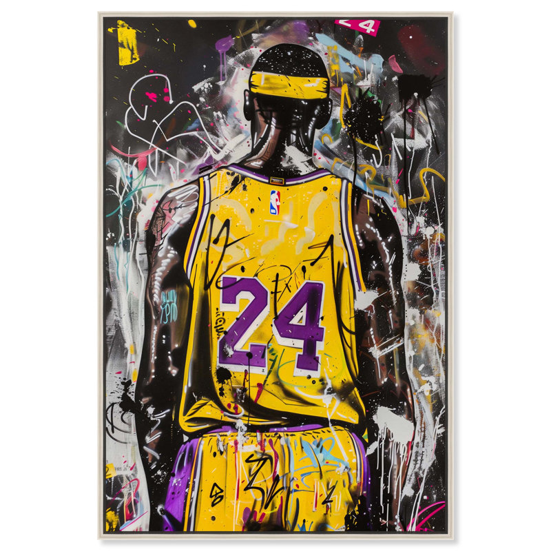 Art mural tendance sur toile jaune graffiti basketball par Notoriart, Cadre argenté, H 16 po x l 11 po