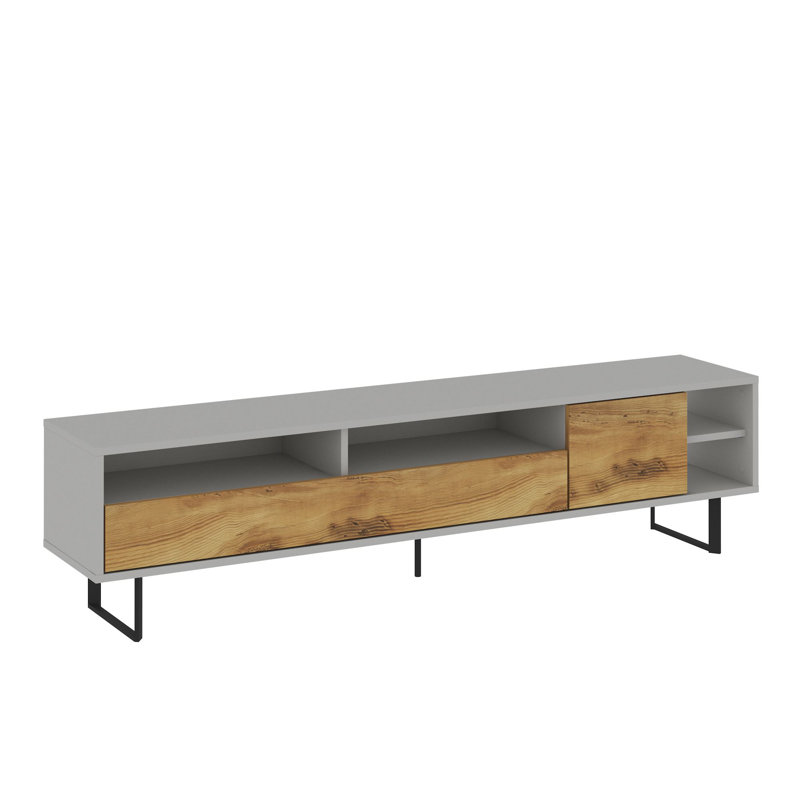 Meuble télé moderne avec de nombreuses tablettes, gris et chêne, 70,9 x 17,6 x 11,8 pouces | 100% panneau de particules enduit de mélamine, épaisseur: 0,7 pouce | Conception murale de style scandinave pour les salons élégants et les salles multimédia