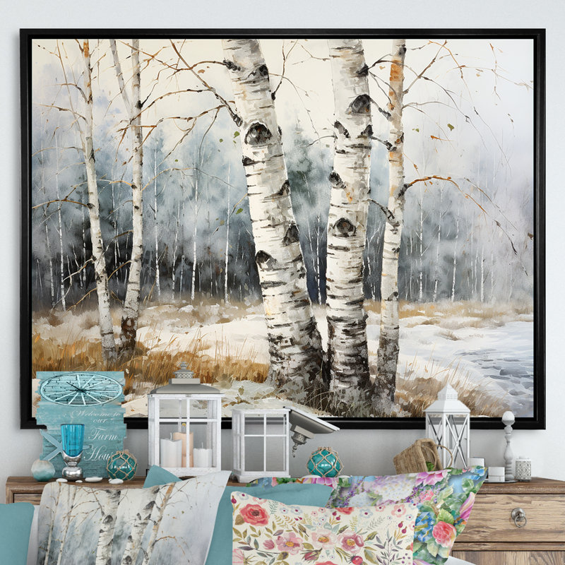 «Silver Minimalisme Tree Birchs Breath III» sur toile, H 16 po x l 32 po x P 1 po, Cadre flottant noir