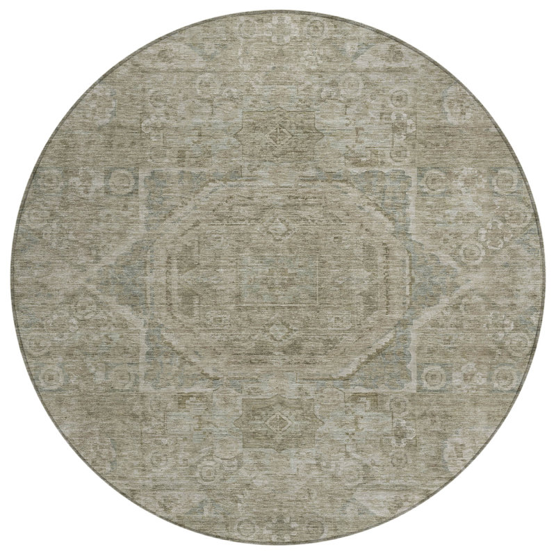 Machine Washable Indoor/Outdoor Xhevrie Gray Rug, Round 8'