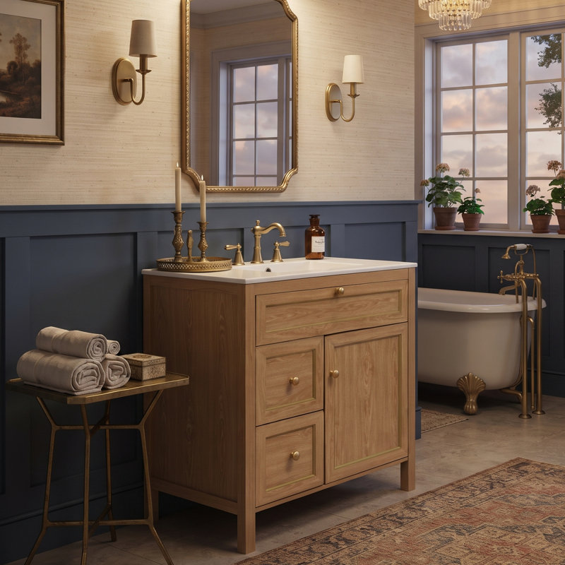 Meuble-lavabo moderne en bois massif cannelé de 30 po avec lavabo en céramique à 3 trous, supports de rangement à deux portes, bois naturel