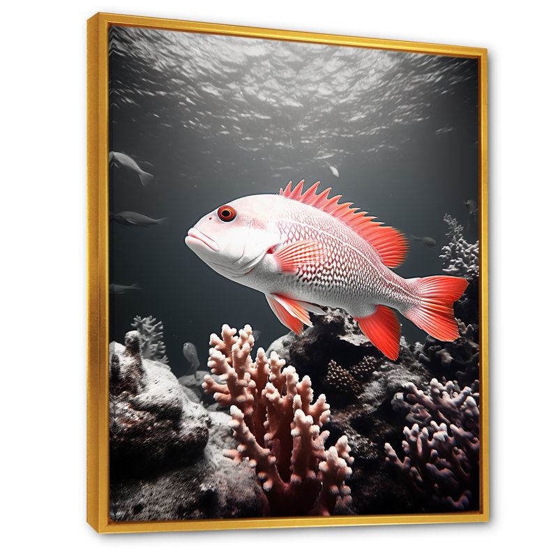 Impression sur toile monochrome, corail et poisson gris, Cadre flottant doré, 20" H x 12" W