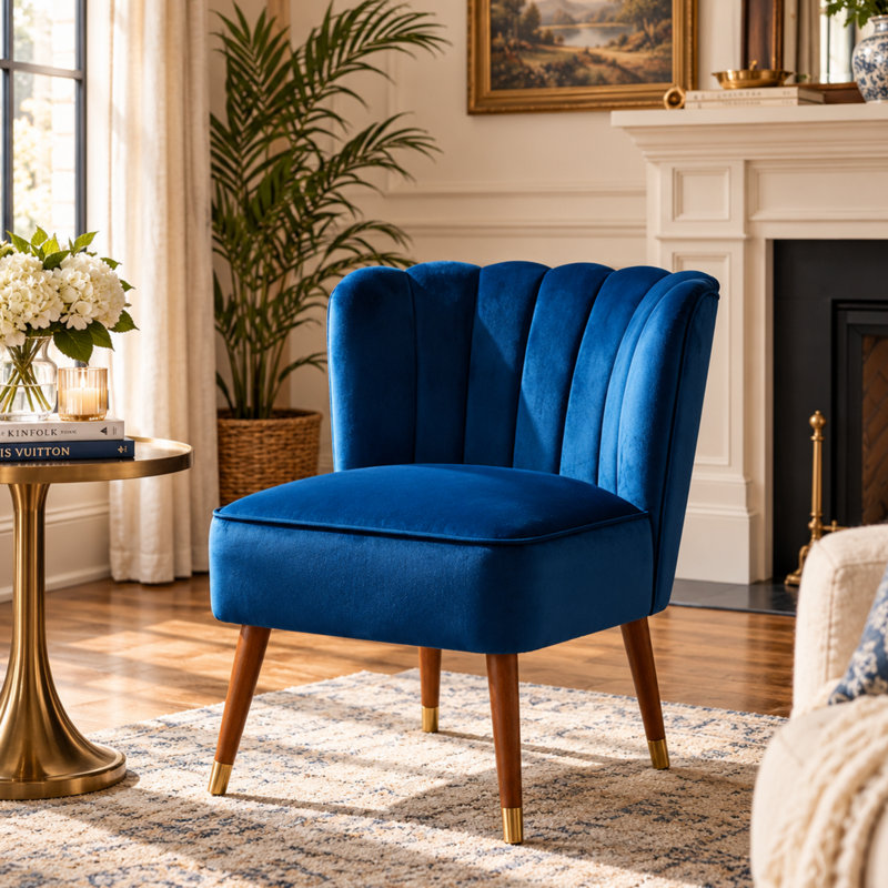 Chaise d'appoint moderne en velours avec dossier fleuri capitonné, Blue