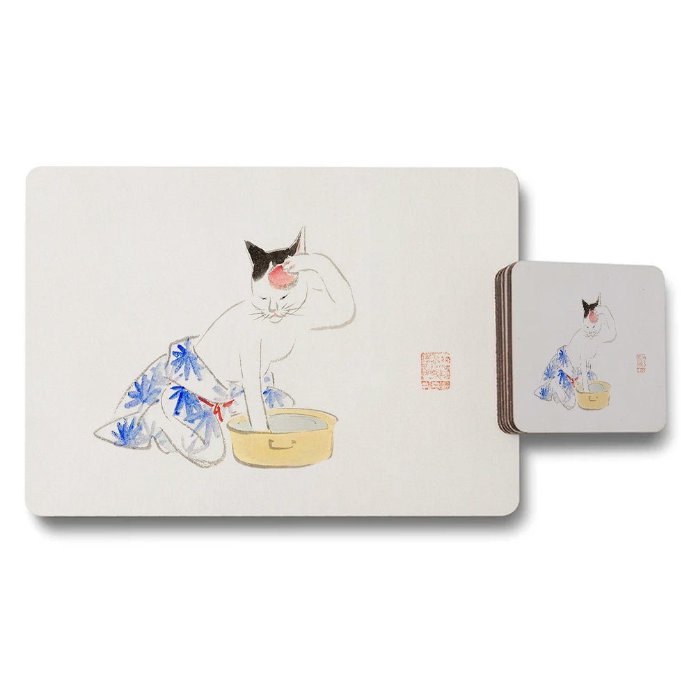 Cat Themed Placemat And Coaster Set With Blue Floral Pattern