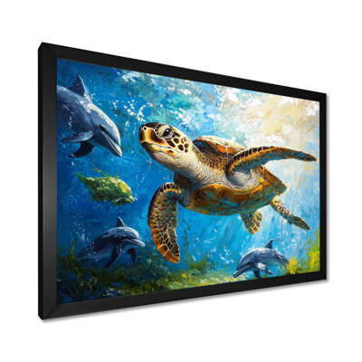 Tortue nageant avec des dauphins - reproduction d'art tortue