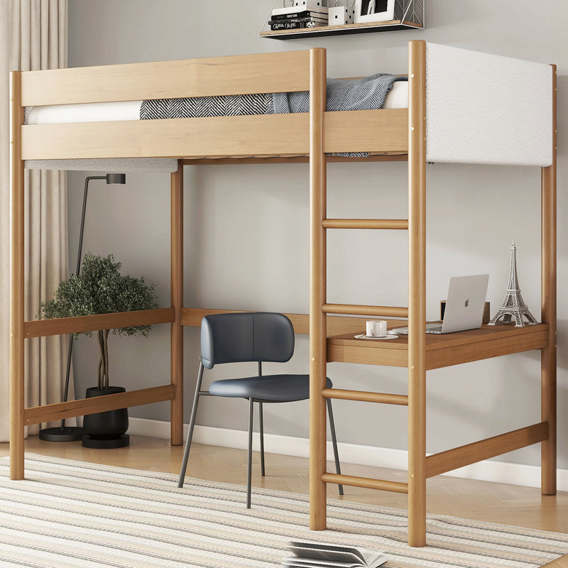 Lit mezzanine simple avec bureau Ishmal, tête et pied de lit rembourrés Boucle, échelle et garde-corps de sécurité