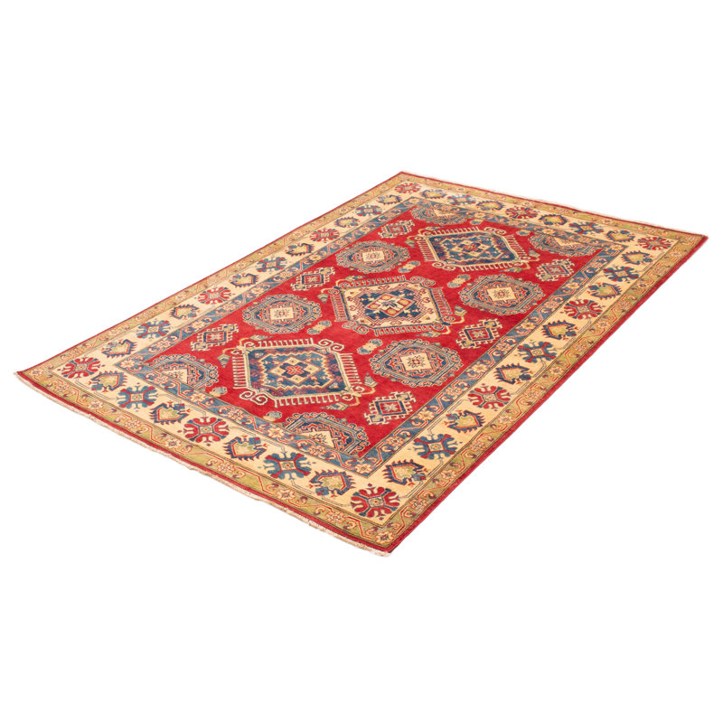 Tapis rouge en laine noué à la main de conception unique 6 pi 3 po x 9 pi 1 po New Age