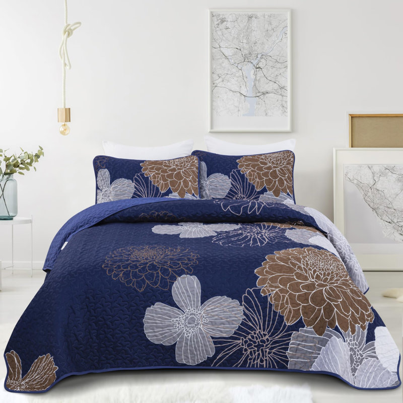 Ensemble de courtepointe 3 pièces avec imprimé floral, Courtepointe pour lit grand + deux taies décorati, Brun / Bleu marine
