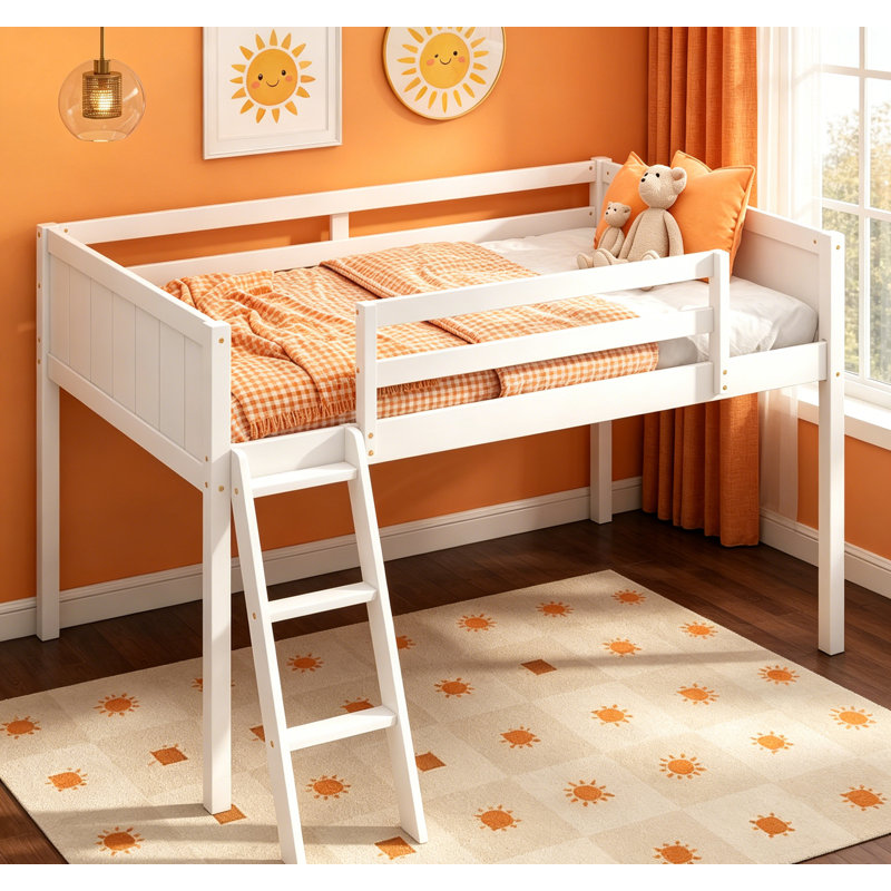 Lit mezzanine bas simple en bois avec échelle convertible et dispositifs de sécurité, blanc