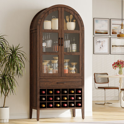 71" Tall Arched Bar Cabinet With Detachable Wine Rack, Storage Display Cabinet, Farmhouse Storage Bookcase