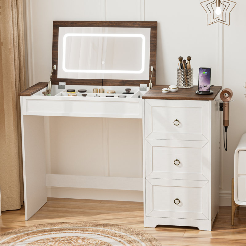 Makeup Vanity with Flip Top Mirror Dressing Desk with Drawer & Power Outlet and Adjustable Lights, Brown/White