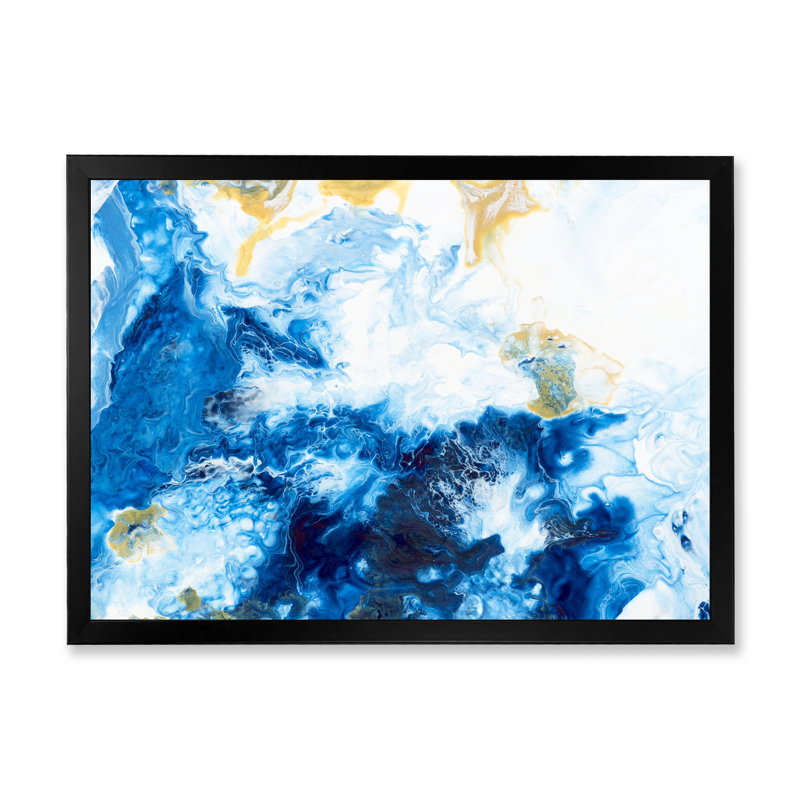 «Blue and White Liquide Waves» - Peinture sur toile, H 30 po x l 40 po, Cadre photo noir
