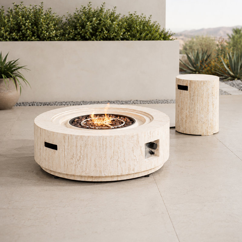 Ensemble de table et foyer au propane rond de 42 po avec support de bouteille dissimulé, 2 pièces, composite Terrafab