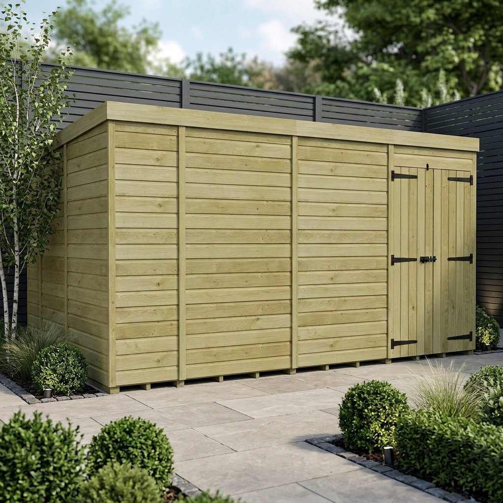Total Sheds 14ft x 9ft Pent Garden Shed - Double Door - No Windows - Pressure Treated Timber - UK Manufactured