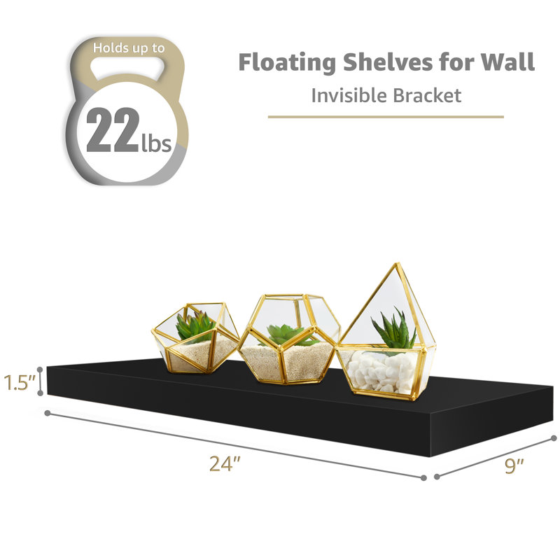 Sorbus Wall Mounted Floating Shelves for Wall Décor - Large 24 Inch, 4 Pack, Black, Black, 1.5" H x 23.75" W x 9.25" D