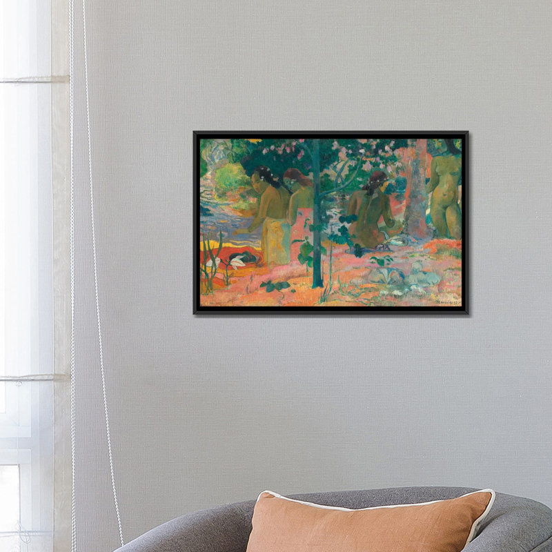 " The Bathers " by Paul Gauguin, Black Framed Canvas, 8" H x 18" W x 26" D, No Matte