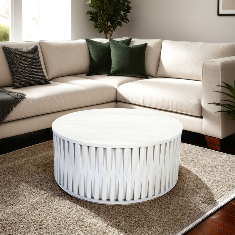 Table basse ronde élégante en bois de manguier de 30 po avec motif de lattes tissées à la main, H 18 po x L 30 po x l 30 po