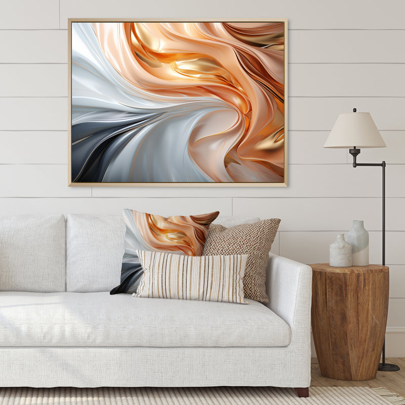 Art liquide en mouvement en rose doré et bleu - formes murales abstraites, 12" H x 20" W, White Picture Framed