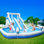 Double glissade d'eau gonflable avec mur d'escalade et grande piscine - Parc aquatique pour enfants avec ventilateur et accessoires, bleu et blanc