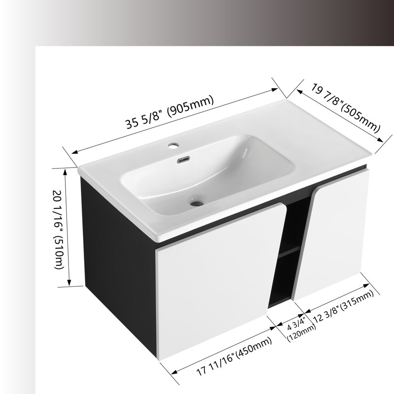 Meuble-lavabo mural 36 po avec lavabo simple et porte d'armoire à fermeture en douceur