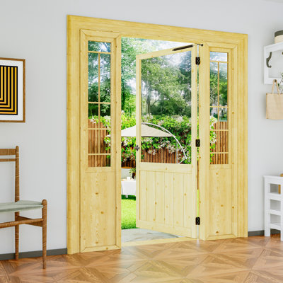 Porte d'entrée moustiquaire H 80 po porte d'entrée extérieure en bois de pin à peindre anti-insectes pour animaux avec poignée de porte moustiquaire et ensemble de fermeture automatique