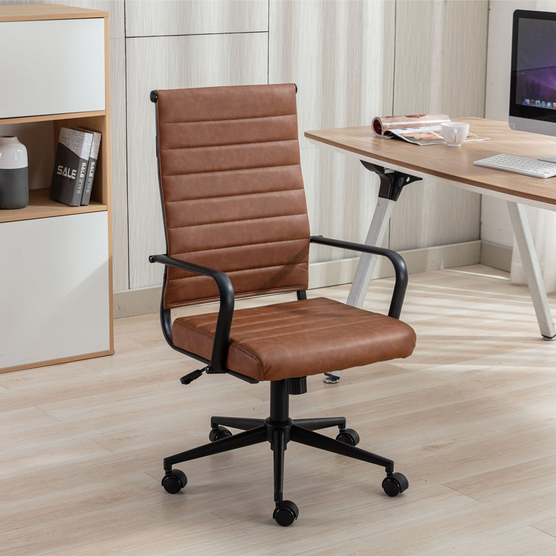 Amaiia Mid-back Ribbed Upholstered Swivel PU Leather Ergonomic Office Desk Chair, Conference Chair, PU Leather Brown