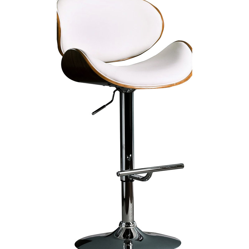 Tabouret de bar pivotant et réglable en noyer, siège et dossier courbés blancs, style contemporain, base à piédestal de 36 à 44 pouces