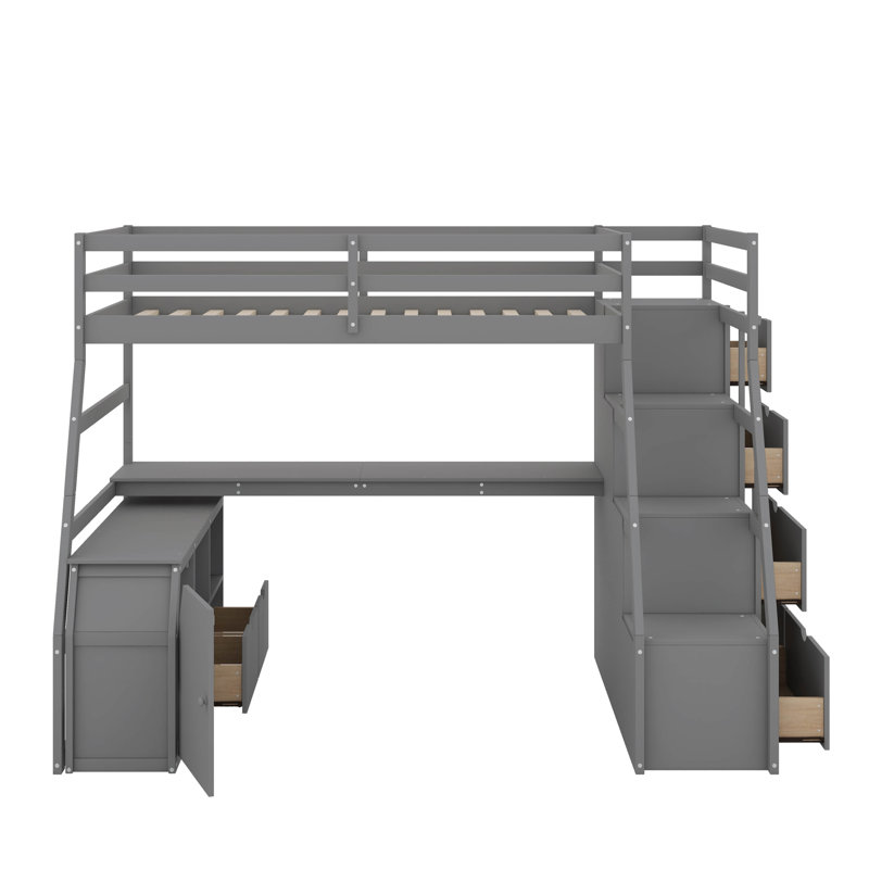 Lit mezzanine simple avec tiroirs, tablettes et bureau, Gris