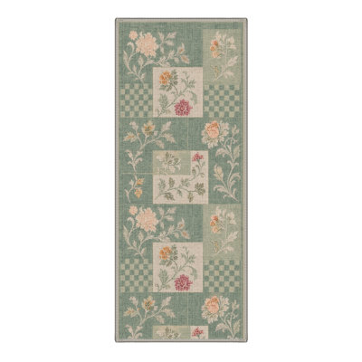 Machine Washable Patchwork Green / Ivory Hallway Runner With Non-Slip Backing