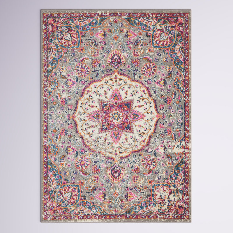 Tapis oriental gris / rose Doynton, Rectangle 6 pi 7 po x 9 pi 6 po