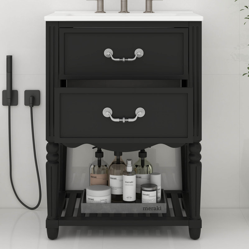 Meuble-lavabo 24 po avec lavabo, tiroirs et tablette ouverte, Noir