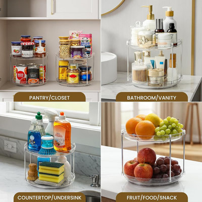 Organisateur de plateau tournant à 2 niveaux en acrylique Lazy Susan - Support à épices rotatif pour cuisine, garde-manger, salle de bain et placard