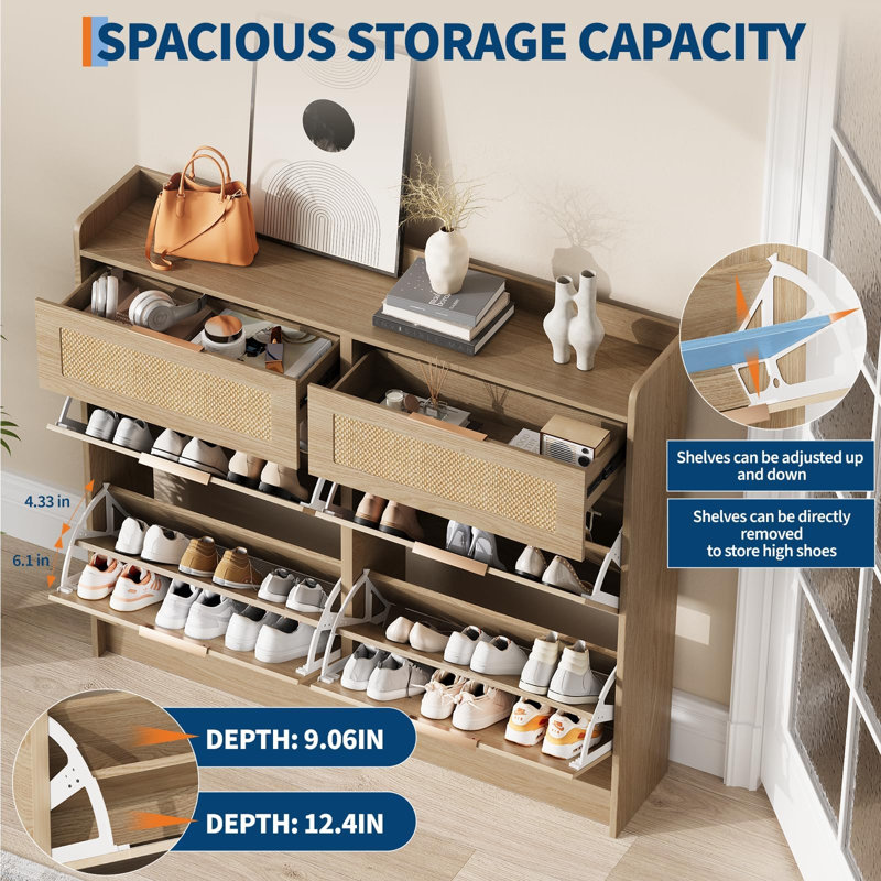 Spacious Rattan Shoe Storage Cabinet - 4 Turn Over Drawers & 2 Small Drawers - Narrow Freestanding Entryway Organizer with Adjustable Shelves & Metal Handles - Wood Color