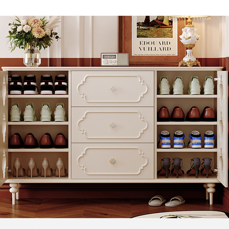 French style fashionable storage shoe cabinet, Ivory, 37.4" H x 55.12" W x 13.78" D