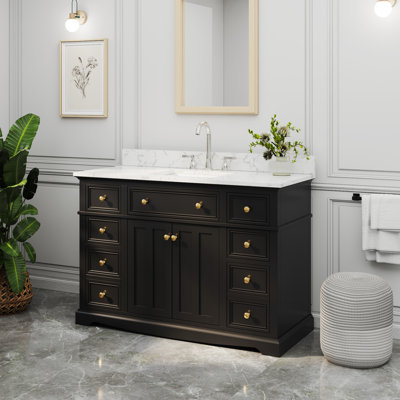 Meuble-lavabo simple Barnhart 48 po entièrement assemblé avec comptoir en pierre reconstituée, lavabo en céramique, peinture à la main, tiroirs à fermeture amortie sous le meuble et charnières de porte à fermeture amortie, dosseret inclus