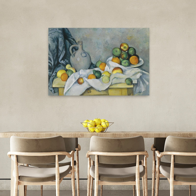Rideau, cruche et bol de fruits, C., 24" H x 36" W