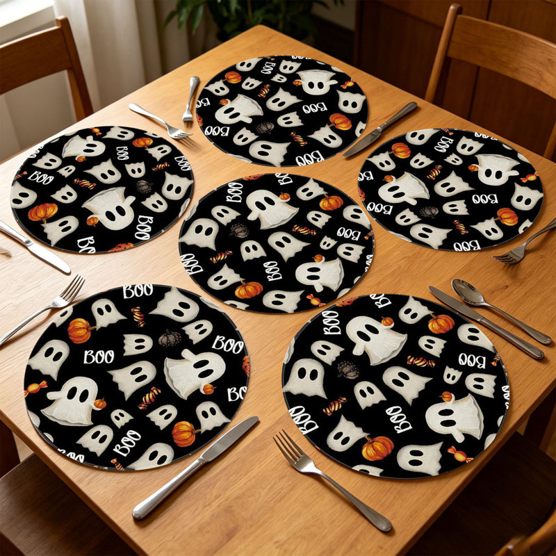 6 napperons de table ronds d'Halloween avec imprimé fantôme de citrouille Antis Moves