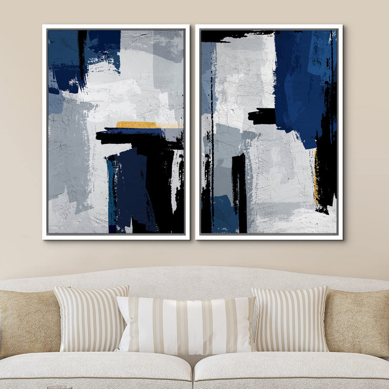Abstract Landscape " Geometric Blue Gray Grunge Paint Strokes Abstract Shapes Modern Art Wall Decor Artwork Zen " 2 - Pieces